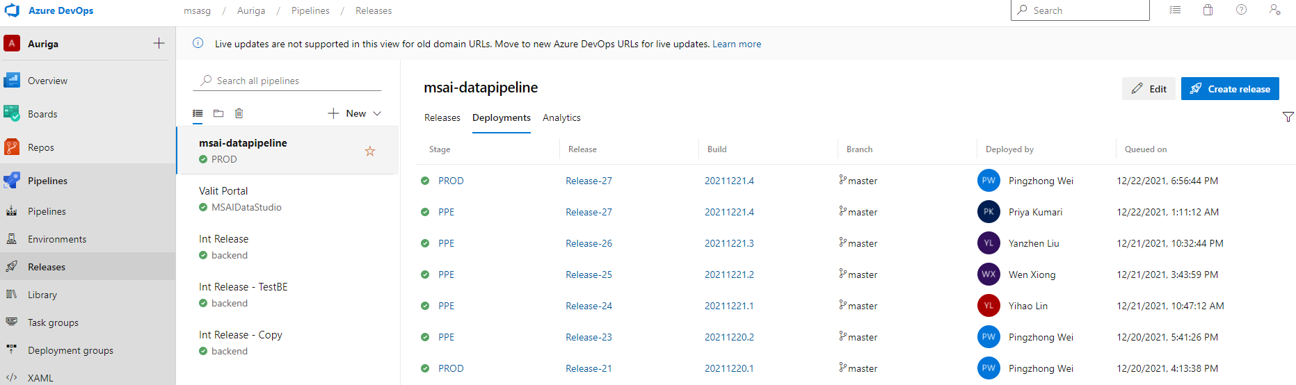 ADF Deployment Deploy History